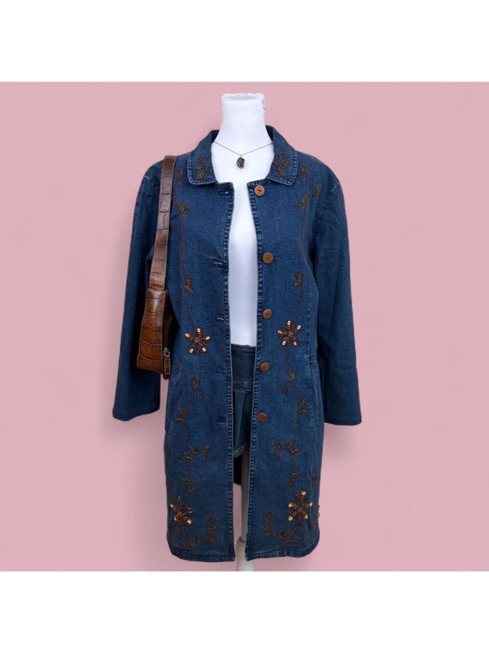 90s denim floral beaded cottagecore jean trench coat